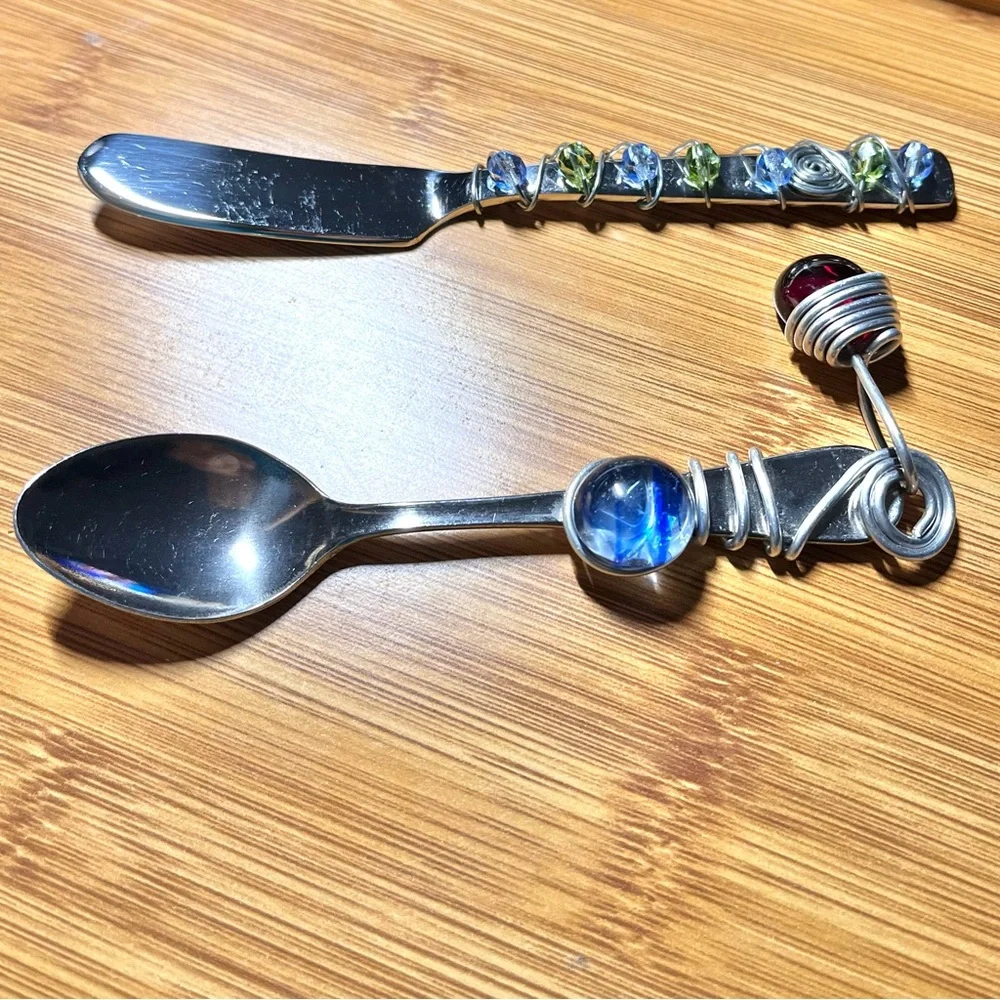 Wire & Bead Wrapped Stainless Steel Flatware Condiment Spoon Butter/Spread Knife